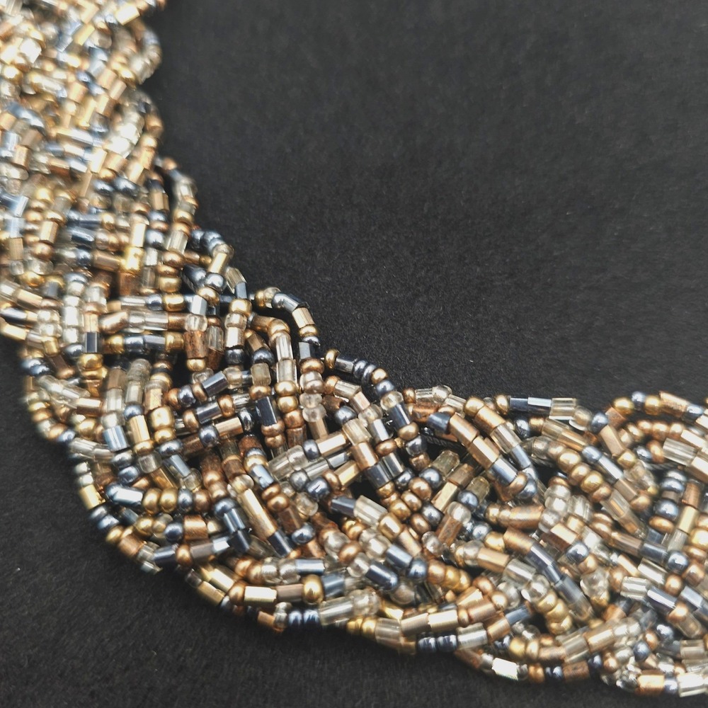 Braid Seed Bead Statement Necklace 21" Torsade Bronze Gold Tones Bib Boho Earthy - Picture 1 of 12